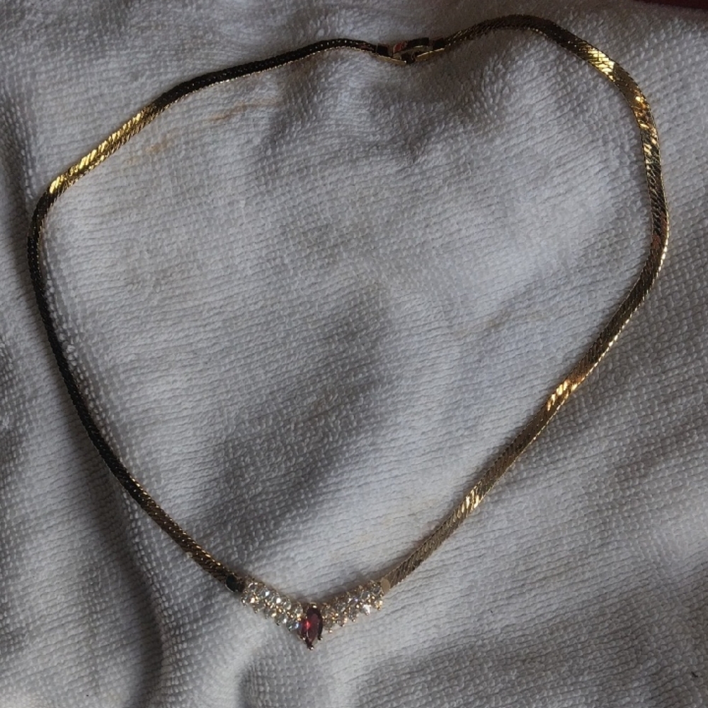 Source Unknown Gold-Tone Necklace with Red Accent and Crystal Accents